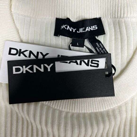 DKNY Ombre Sweater Crew Neck White Neon Yellow Green High Low Hem Large - Picture 13 of 14